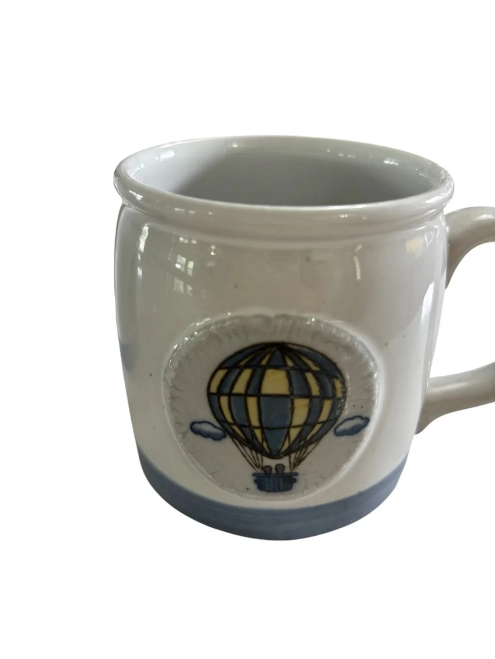 Hot Air Balloon‎ Stoneware Mugs Blue, Yellow, White Coffee Set of 2